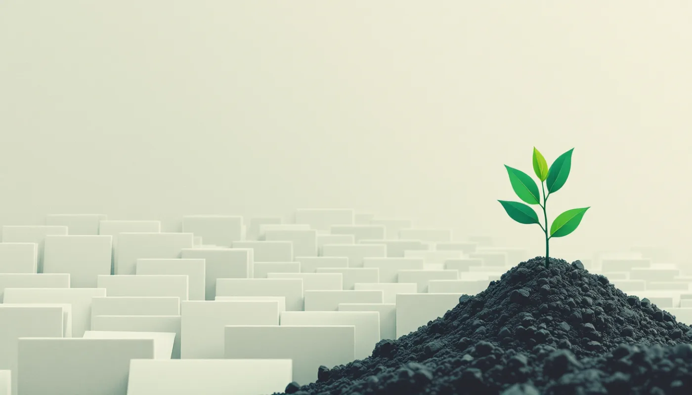 A vast field of identical pale documents receding into the distance, with a single green seedling growing from dark soil in the foreground.