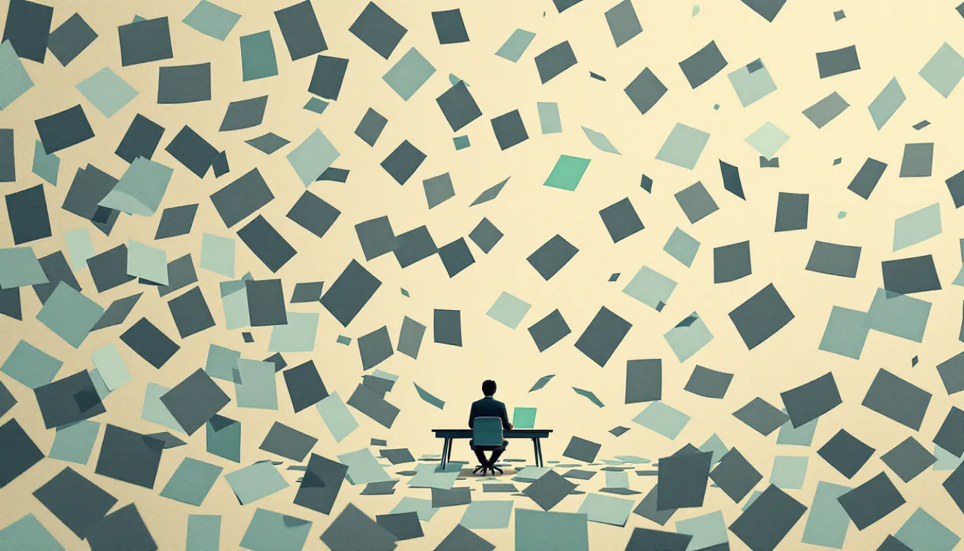 A single small person at a desk almost buried under a blizzard of identical grey paper slips flying in from every side, one mint-green slip standing out in the drift, in flat editorial shapes.