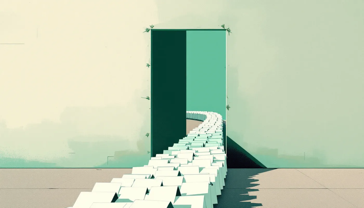 A long queue of white paper slips stretching into the distance toward one narrow doorway whose frame is held together with visible metal staples, in flat editorial shapes.