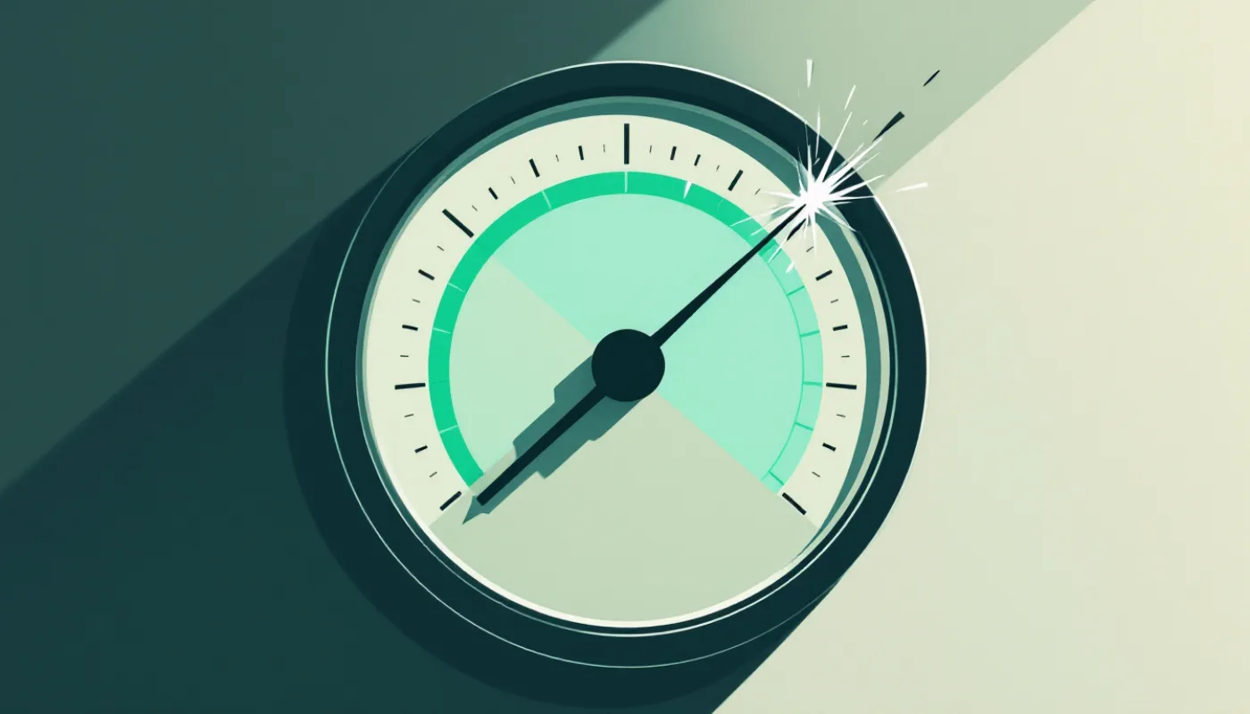 A single analog dial gauge with its needle confidently pointing into a green safe zone, but the gauge face is cracked and sparking, a second hidden dial behind it showing empty, in flat editorial shapes.